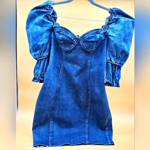 *sweetheart neck bustier denim dress with dramatic puffy off shoulder sleeves